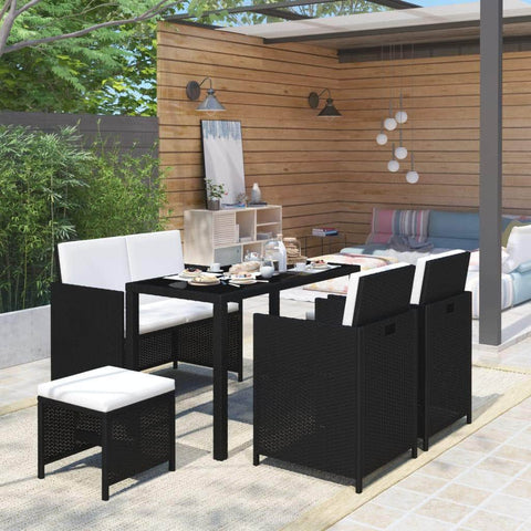 6 Piece Outdoor Dining Set with Cushions Poly Rattan Black