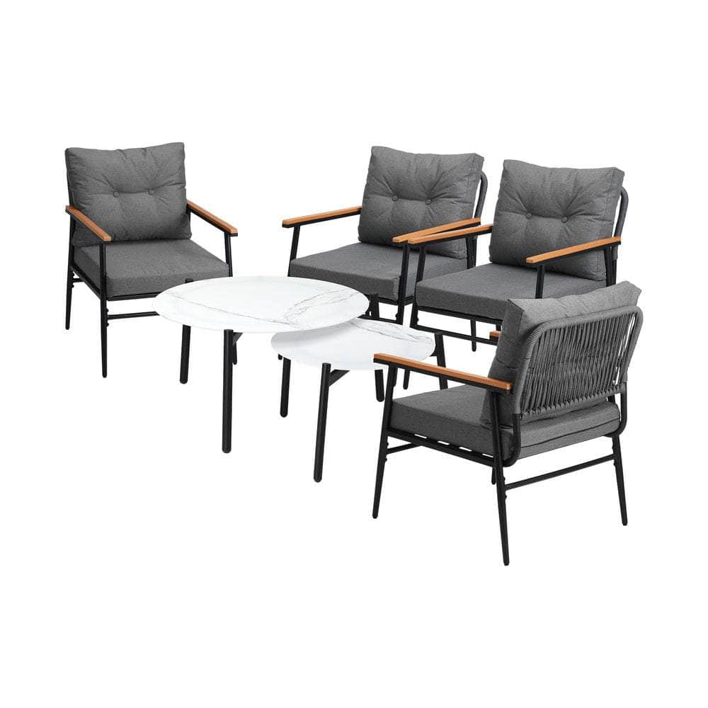 6 Piece Outdoor Patio Set White/Black Table Set Black Armchairs