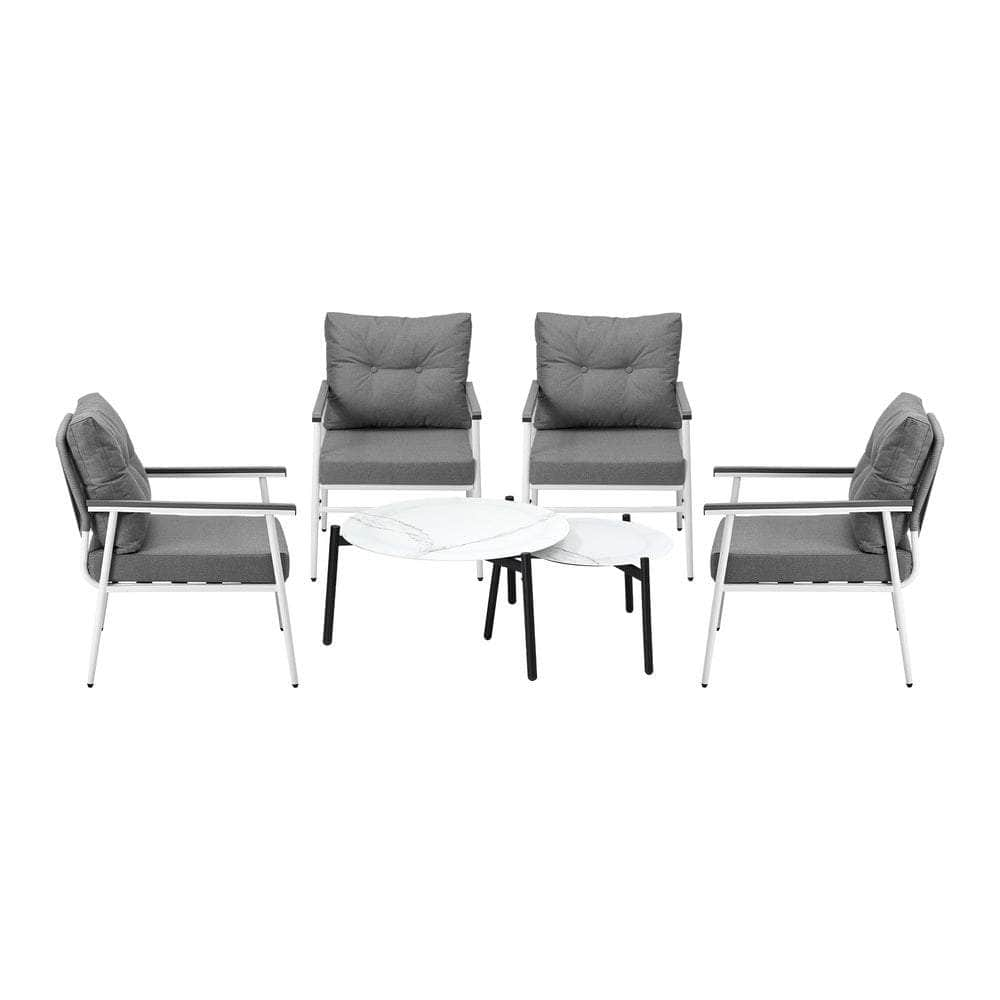 6 Piece Outdoor Patio Set White/Black Table Set Black Armchairs