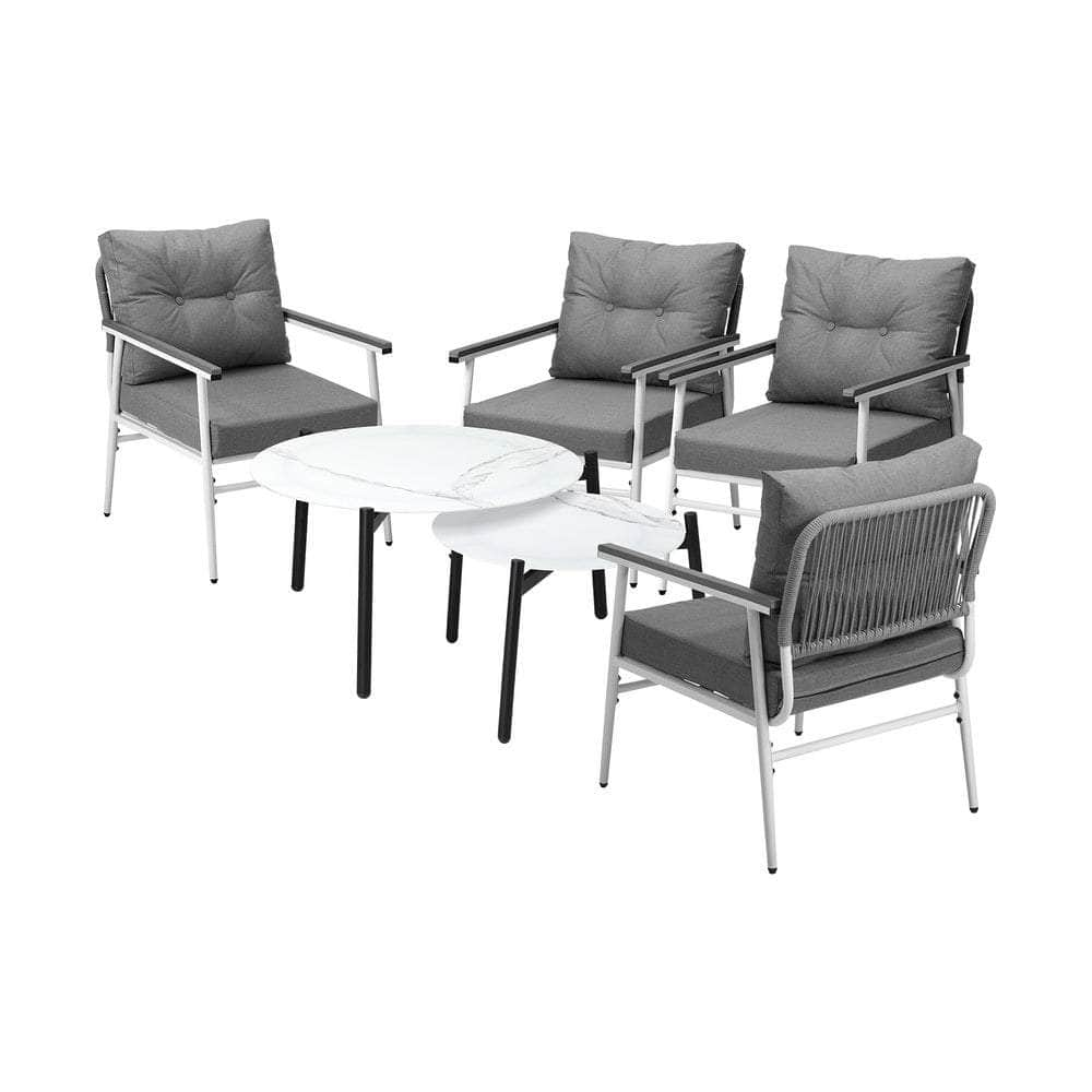 6 Piece Outdoor Patio Set White/Black Table Set Black Armchairs