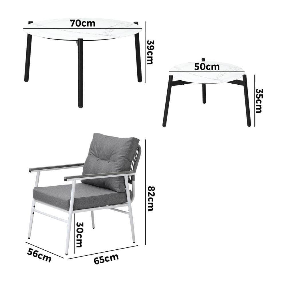 6 Piece Outdoor Patio Set White/Black Table Set Black Armchairs