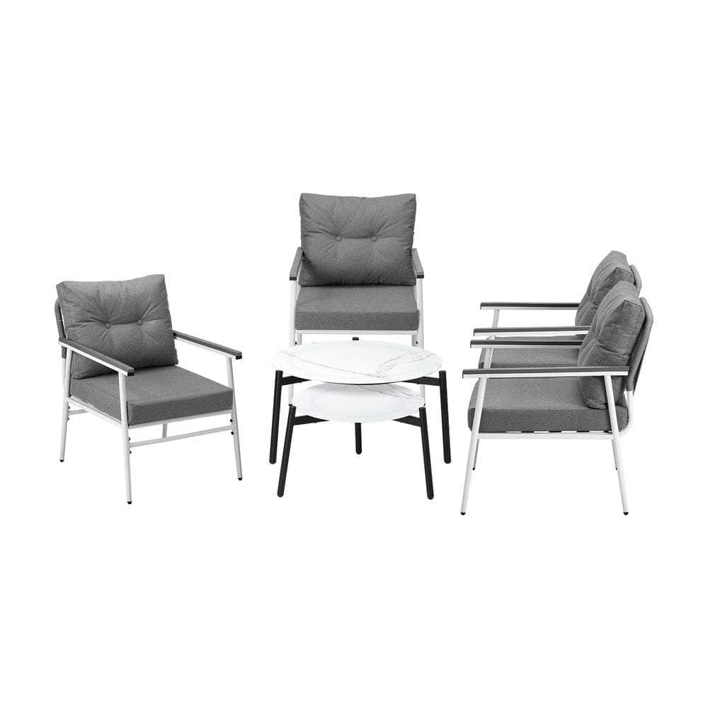 6 Piece Outdoor Patio Set White/Black Table Set Black Armchairs