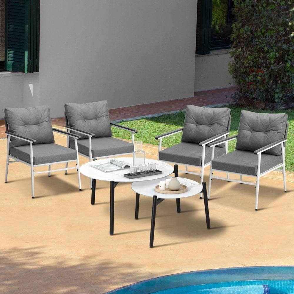 6 Piece Outdoor Patio Set White/Black Table Set Black Armchairs