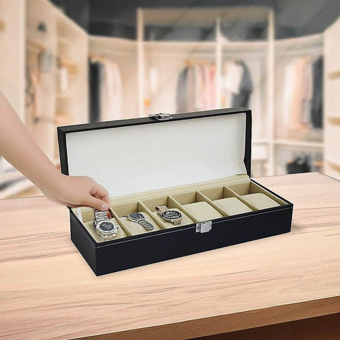 6 Slot Mens Watch Display Case Box Black Pu Leather