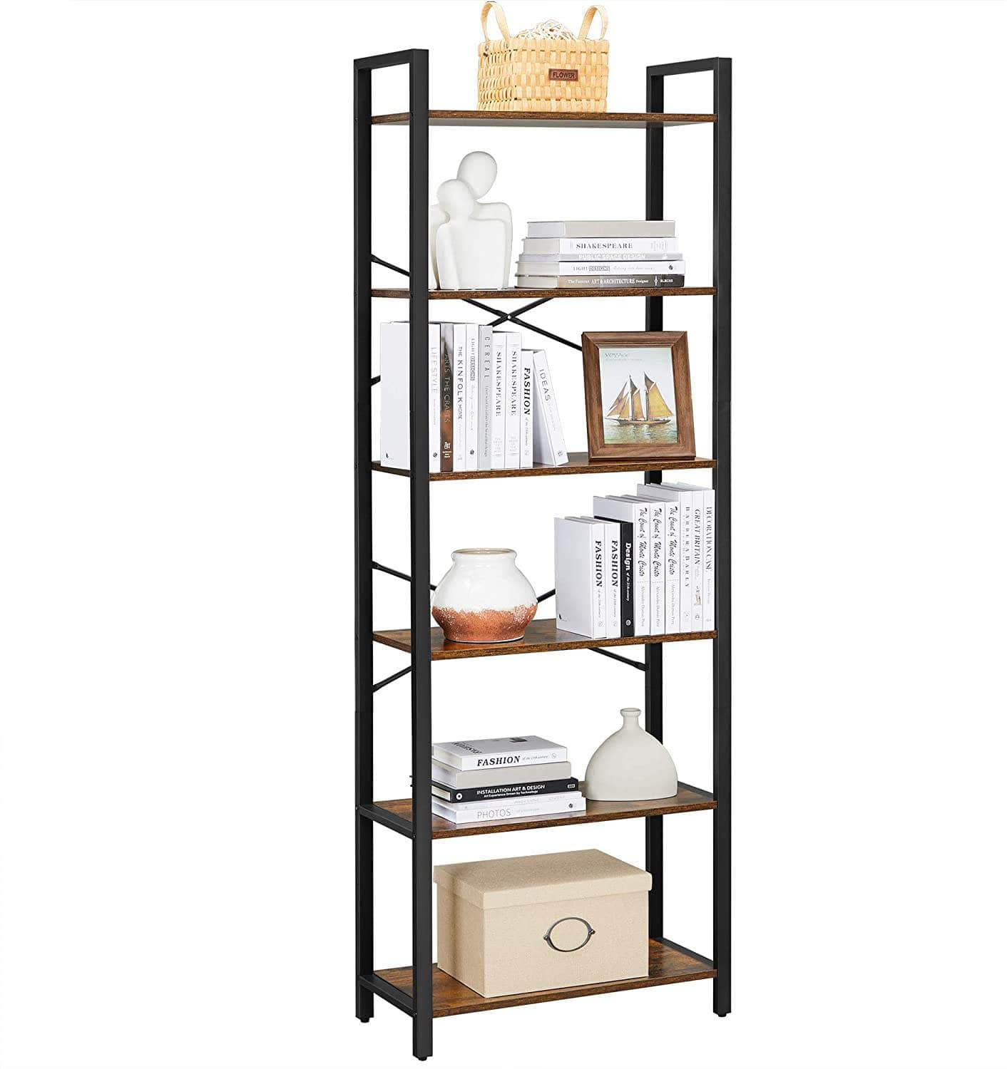 6-Tier Storage Rack With Industrial Style Steel Frame  Rustic Brown And Black, 186 Cm High