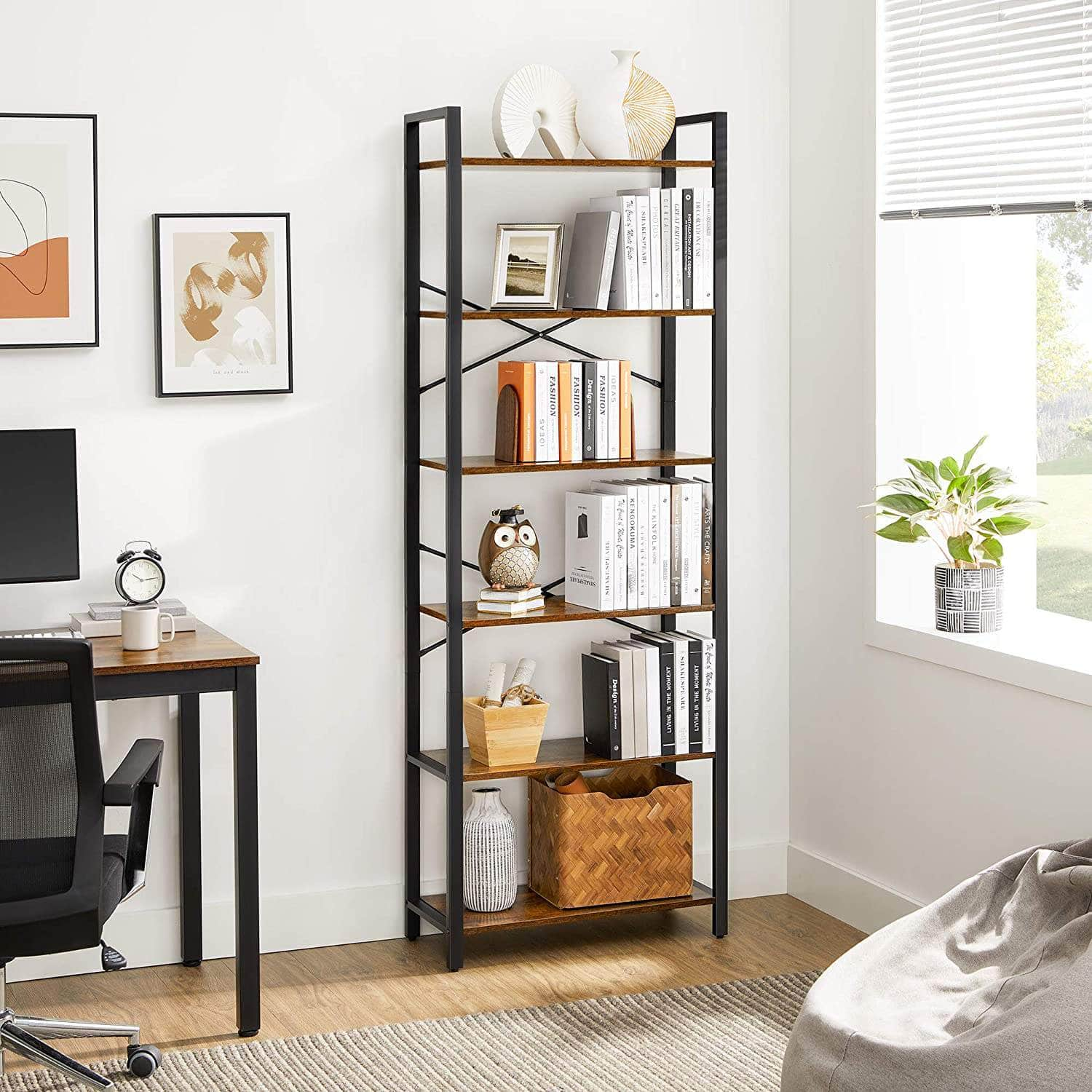 6-Tier Storage Rack With Industrial Style Steel Frame  Rustic Brown And Black, 186 Cm High