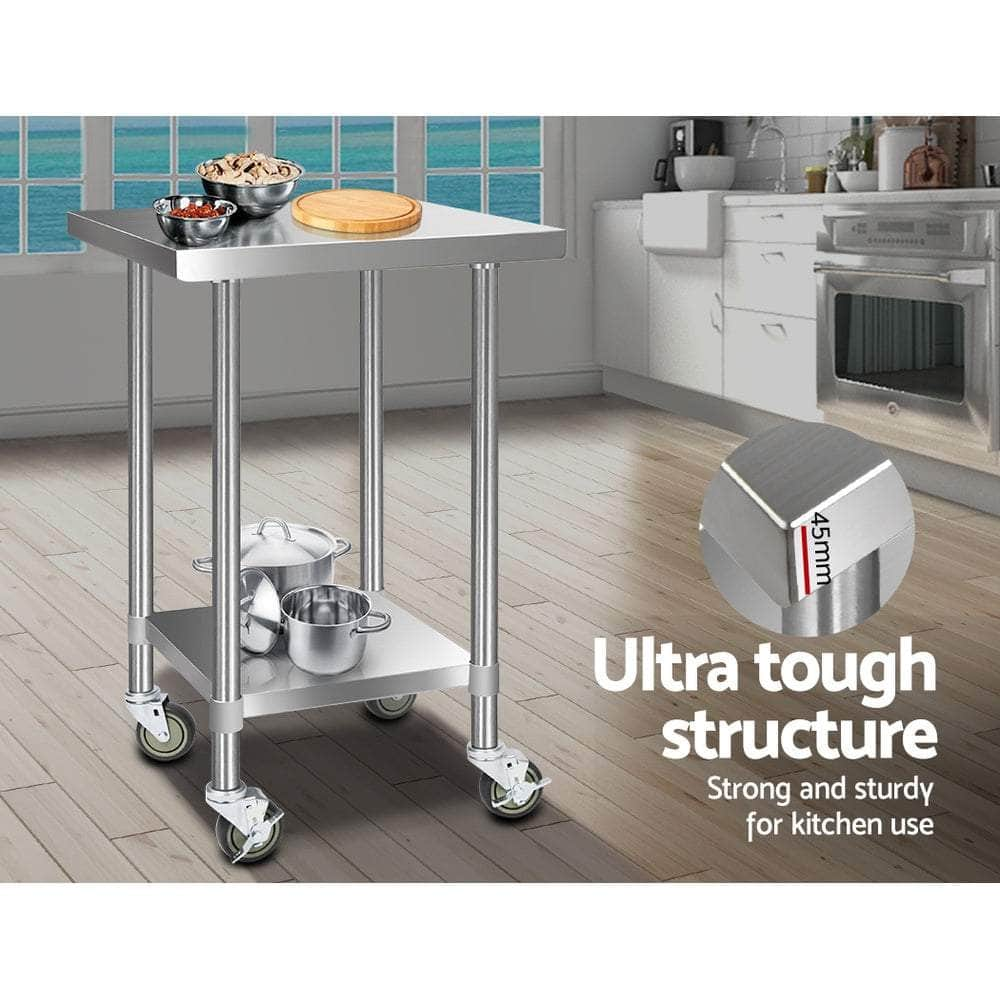 610X610Mm Stainless Steel Kitchen Bench With Wheels