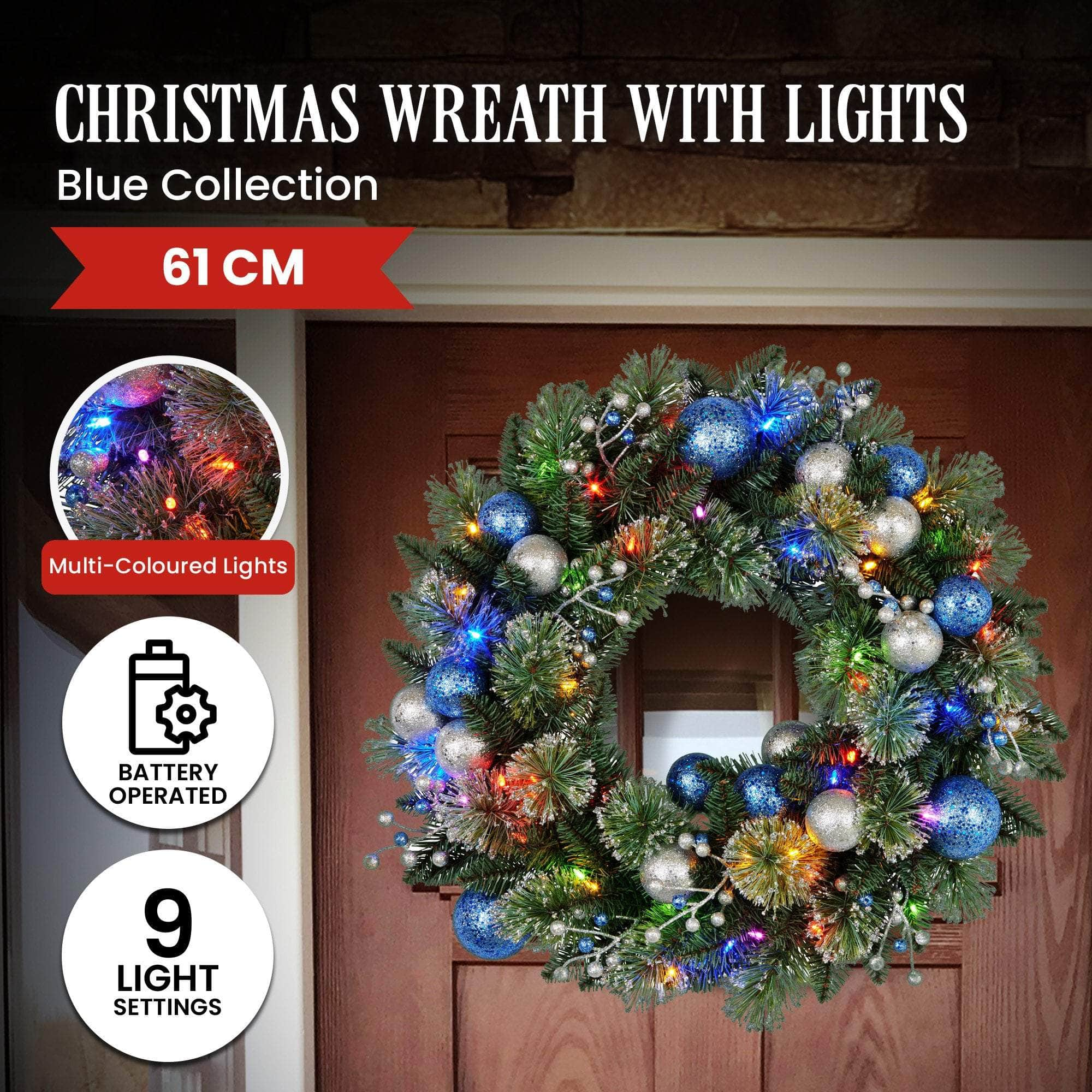 61cm Blue Collection Multicolour Pre-Lit Christmas Wreath