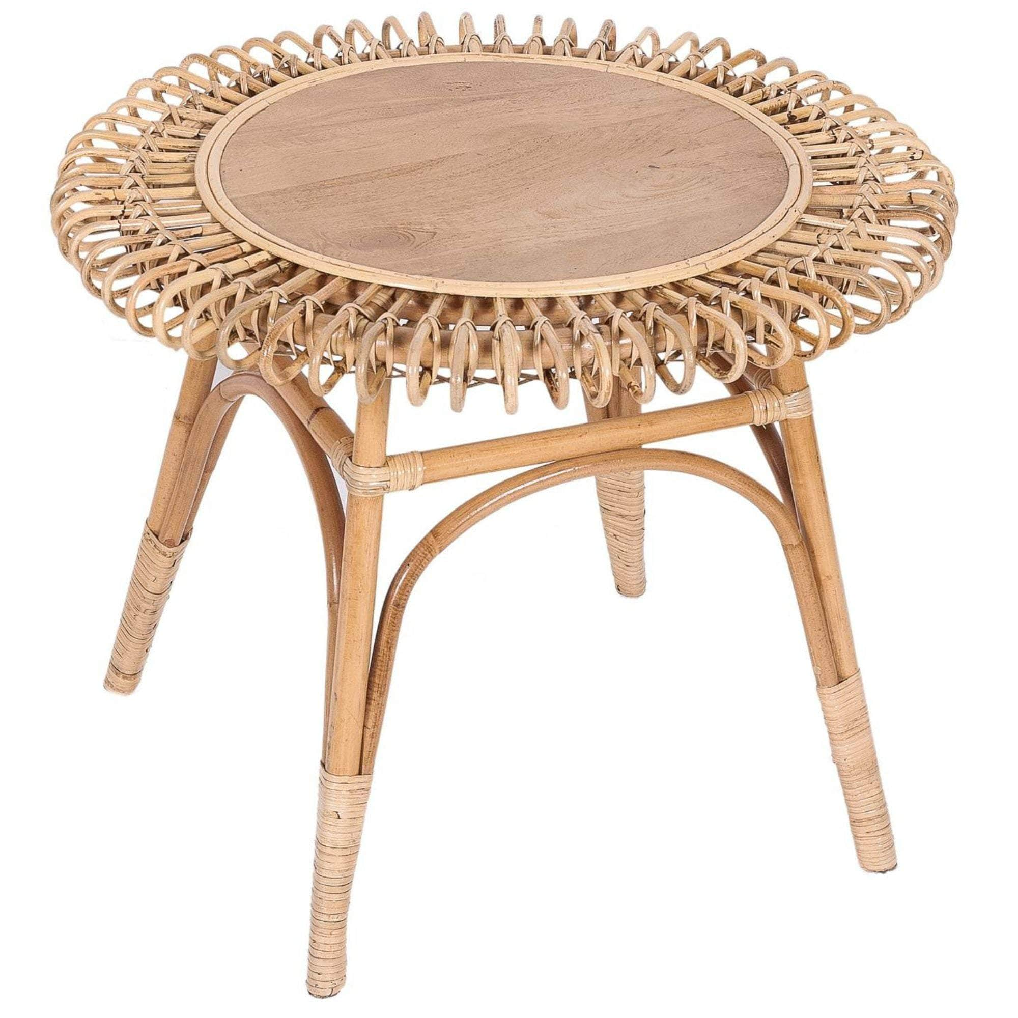 65Cm Round Side Table Mango Wood Top Rattan Frame - Natural