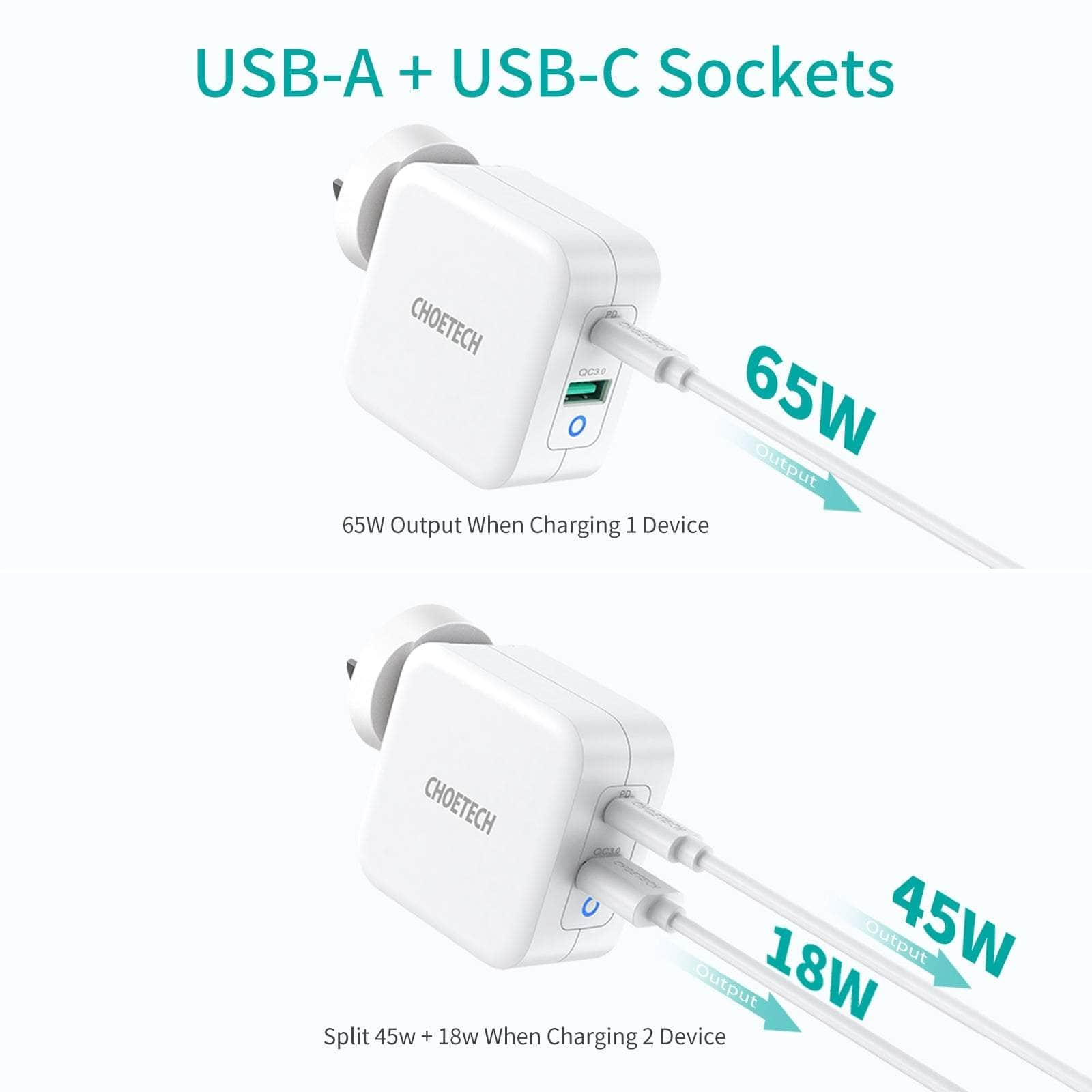 65W 2-Port Pd Gan Tech Usb-C Foldable Fast Charging Adapter