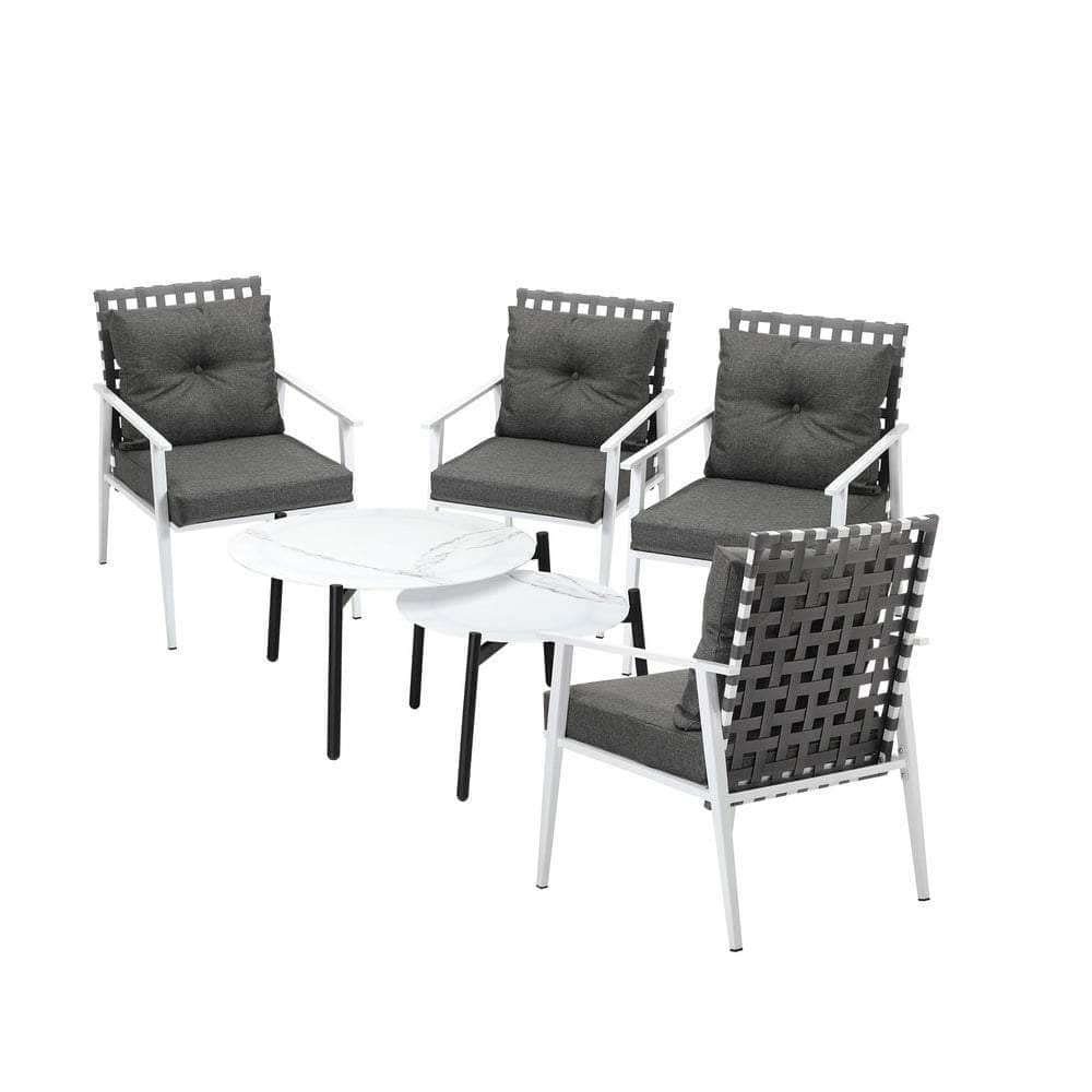 6pc Outdoor Lounge Sets White/Black Round Tables 4pc Rattan Chairs