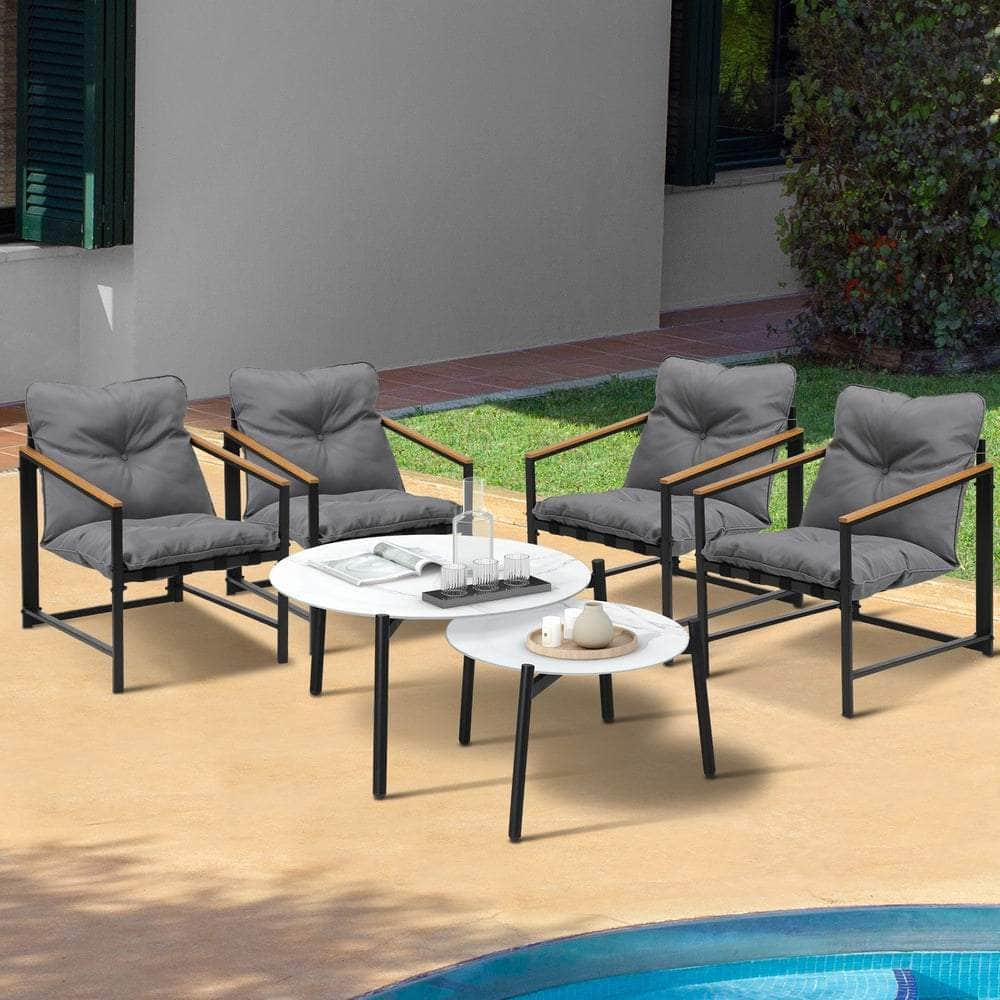 6PC Outdoor Patio Set Round White Marble Table Sets with Chairs