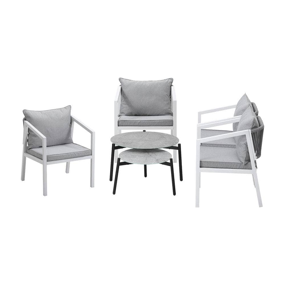 6PCS Outdoor Patio Set Grey 70cm Coffee Table Set White Chairs