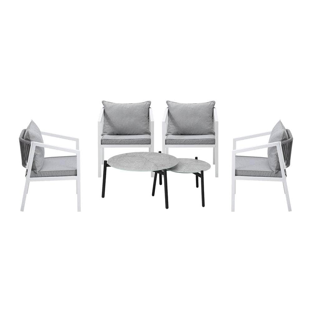 6PCS Outdoor Patio Set Grey 70cm Coffee Table Set White Chairs