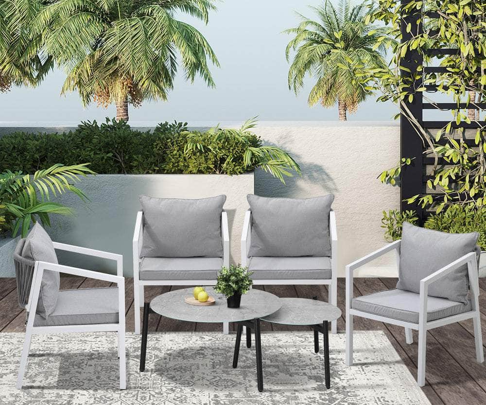 6PCS Outdoor Patio Set Grey 70cm Coffee Table Set White Chairs