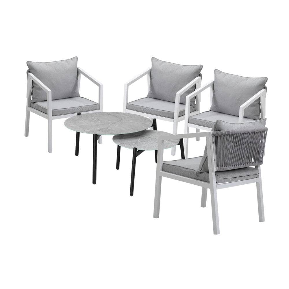 6PCS Outdoor Patio Set Grey 70cm Coffee Table Set White Chairs