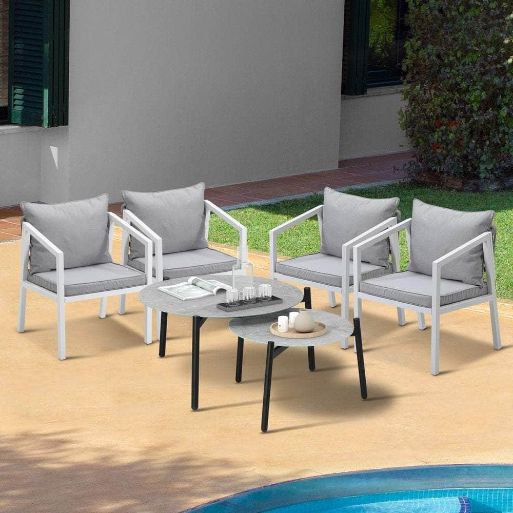 6PCS Outdoor Patio Set Grey 70cm Coffee Table Set White Chairs