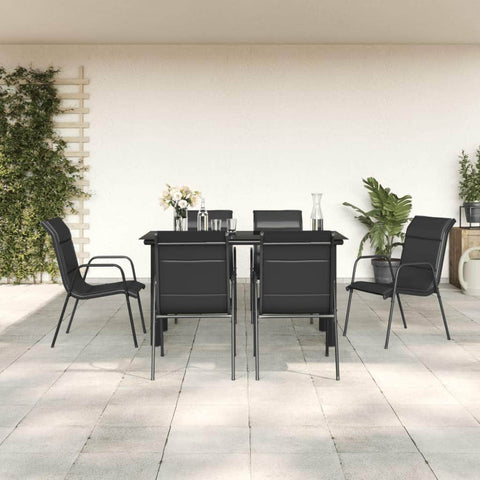 7 Pcs Garden Dining Set Black Steel and Textilene