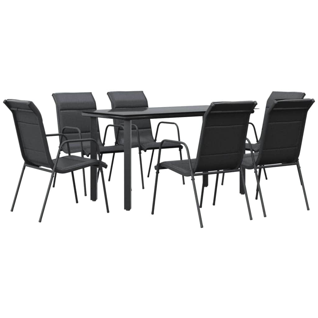 7 Pcs Garden Dining Set Black Steel and Textilene