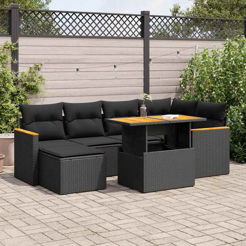 7 Pcs Garden Sofa Set with Cushions Black Poly Rattan Acacia - Sleek & Functional