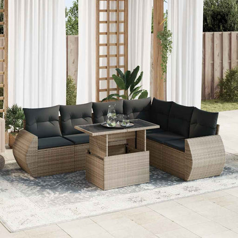 7 Pcs Garden Sofa Set with Cushions Grey Poly Rattan - Durable & Chic