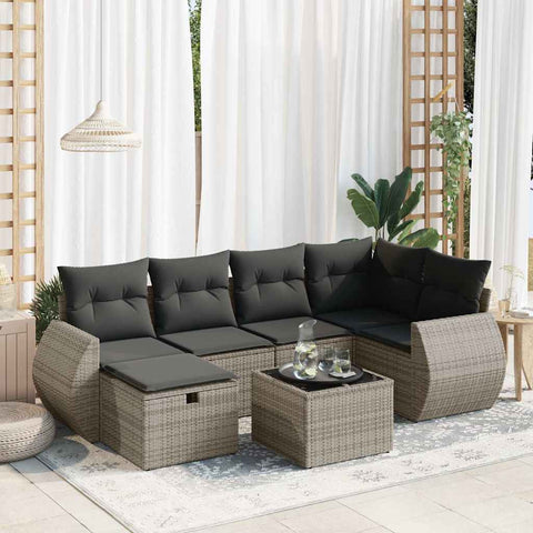 7 Pcs Garden Sofa Set with Cushions Grey Poly Rattan - Modern Comfort