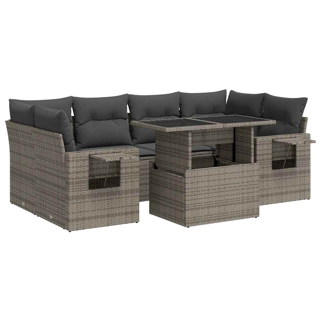 7 Pcs Garden Sofa Set with Cushions Grey Poly Rattan - Outdoor Luxury