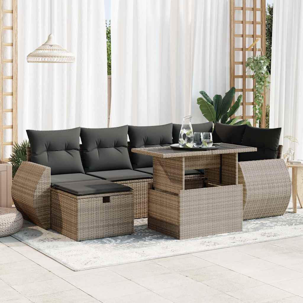 7 Pcs Garden Sofa Set with Cushions Grey Poly Rattan - Outdoor Luxury