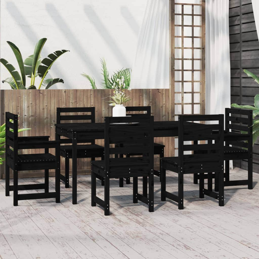 7-Piece Black Solid Pine Wood Garden Dining Set