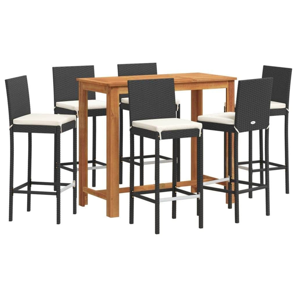 7 Piece Garden Bar Set Black Solid Wood Acacia and Poly Rattan