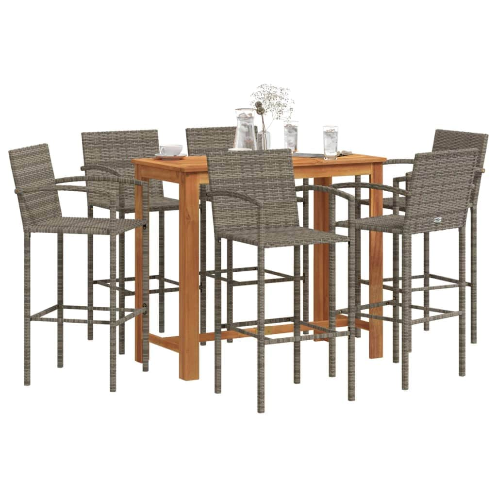 7 Piece Garden Bar Set Black Solid Wood Acacia and Poly Rattan