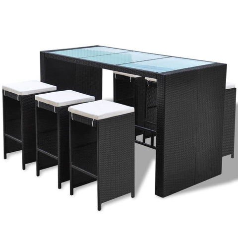 7 Piece Garden Bar Set with Cushions Poly Rattan Black