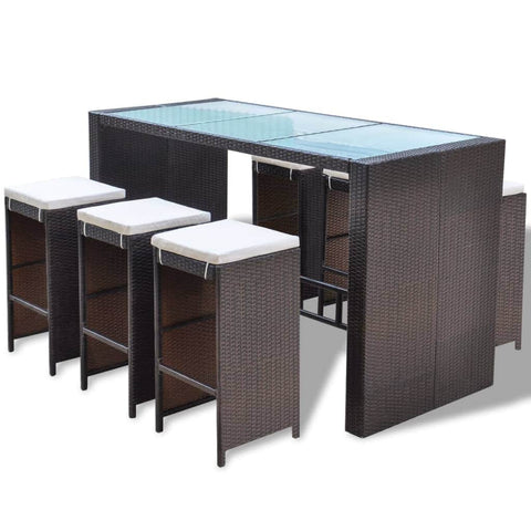 7 Piece Garden Bar Set with Cushions Poly Rattan Brown