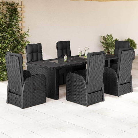 7 Piece Garden Dining Set with Cushions Black Poly Rattan