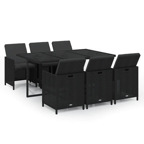 7 Piece Garden Dining Set with Cushions Poly Rattan Black