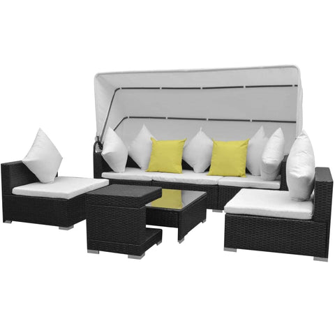 7 Piece Garden Lounge Set with Canopy Poly Rattan Black