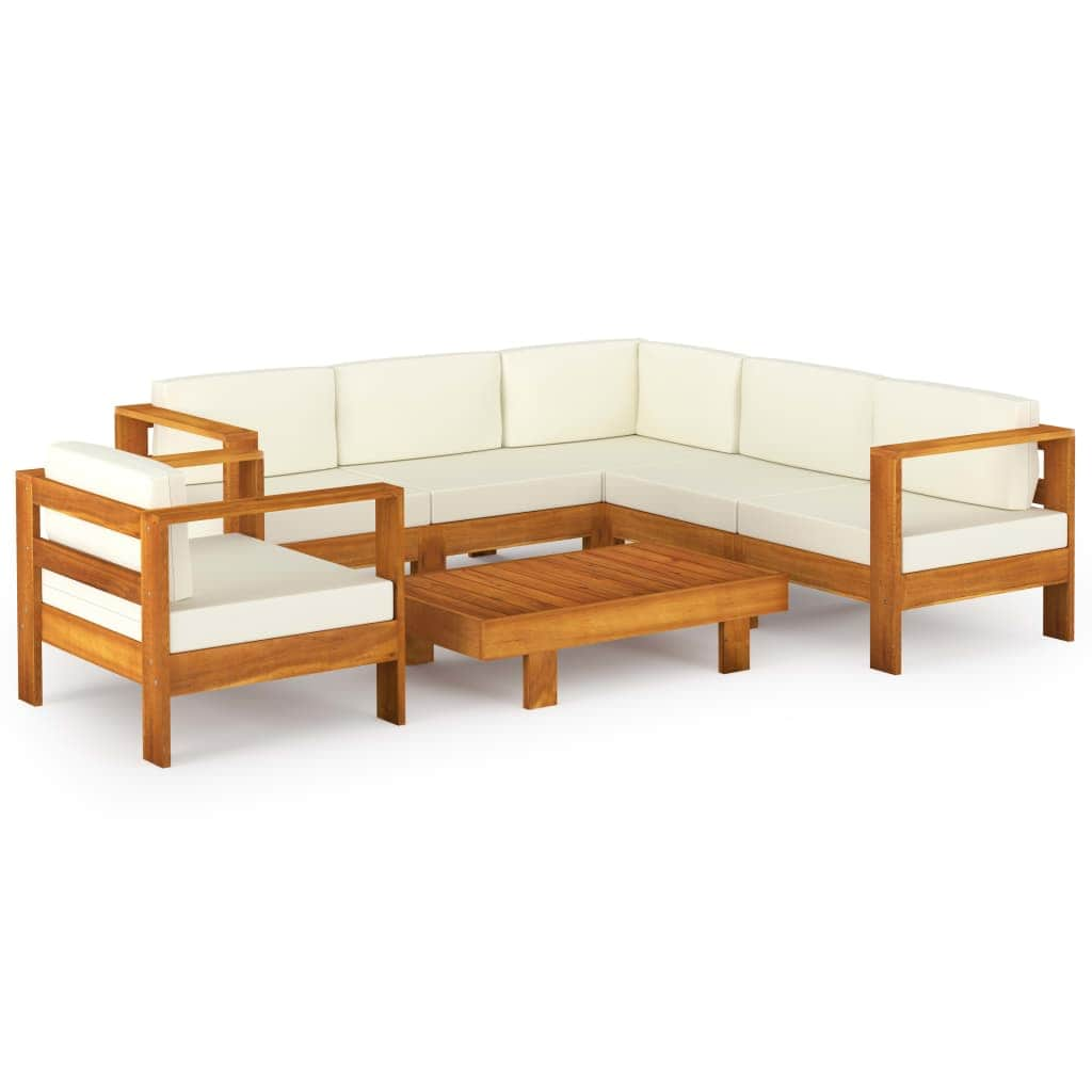 7 Piece Garden Lounge Set with Cream White Cushions Acacia Wood