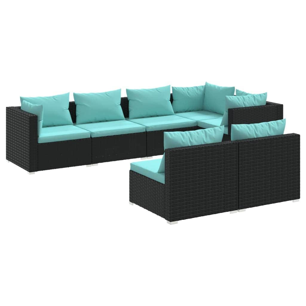 7 Piece Garden Lounge Set with Cushions Black Poly Rattan