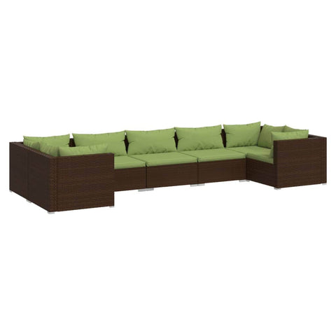 7 Piece Garden Lounge Set with Cushions Brown Poly Rattan