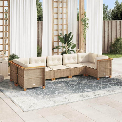 7 - Piece Garden Sofa Set with Cushions Beige Poly Rattan