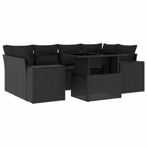 7 Piece Garden Sofa Set with Cushions Black Poly Rattan