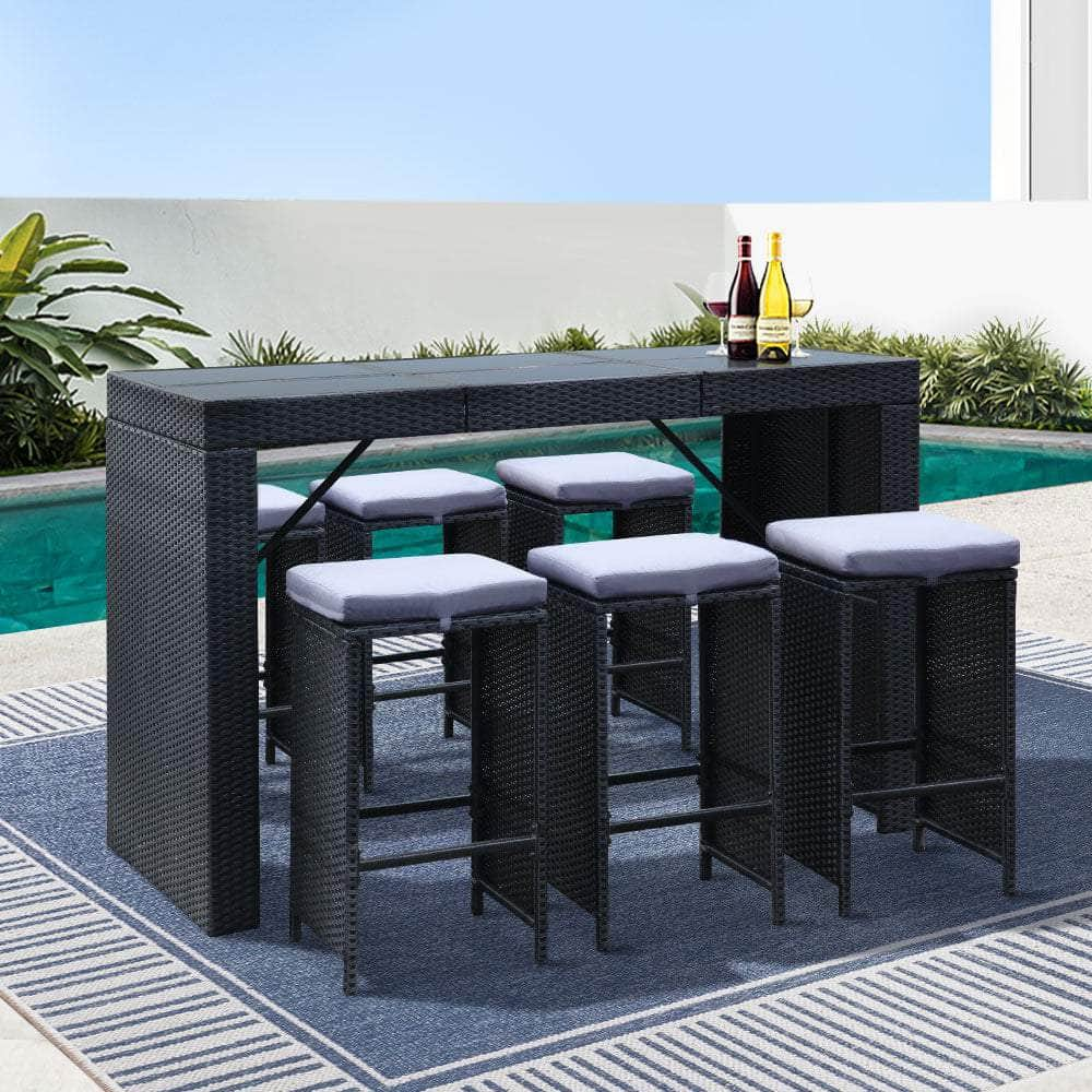 7-Piece Outdoor Bar Set Dining Table Stools Wicker Patio Setting