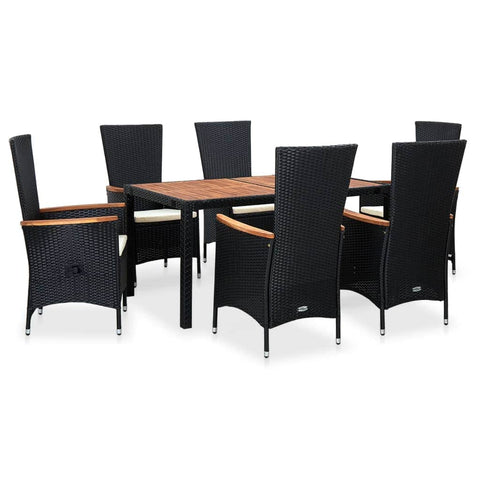 7 Piece Outdoor Dining Set Poly Rattan Acacia Wood Black