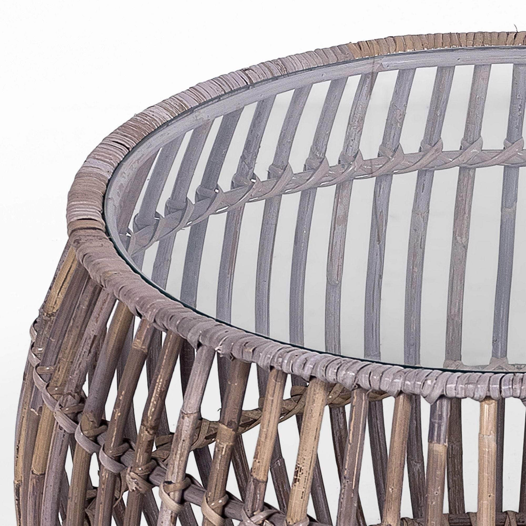 70Cm Glass Topped Rattan Round Coffee Table - Natural