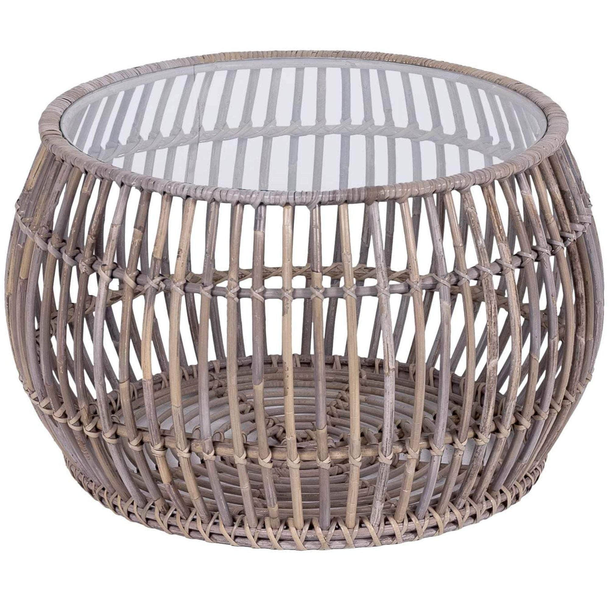 70Cm Glass Topped Rattan Round Coffee Table - Natural