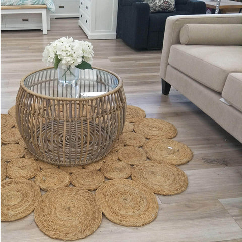 70Cm Glass Topped Rattan Round Coffee Table - Natural