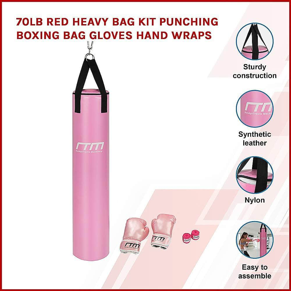 70Lb Red Heavy Bag Kit Punching Boxing Bag Gloves Hand Wraps