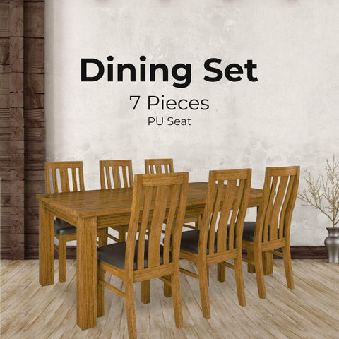 7Pc Dining Set 190Cm Table 6 Pu Seat Chair Solid Mt Ash Wood - Brown