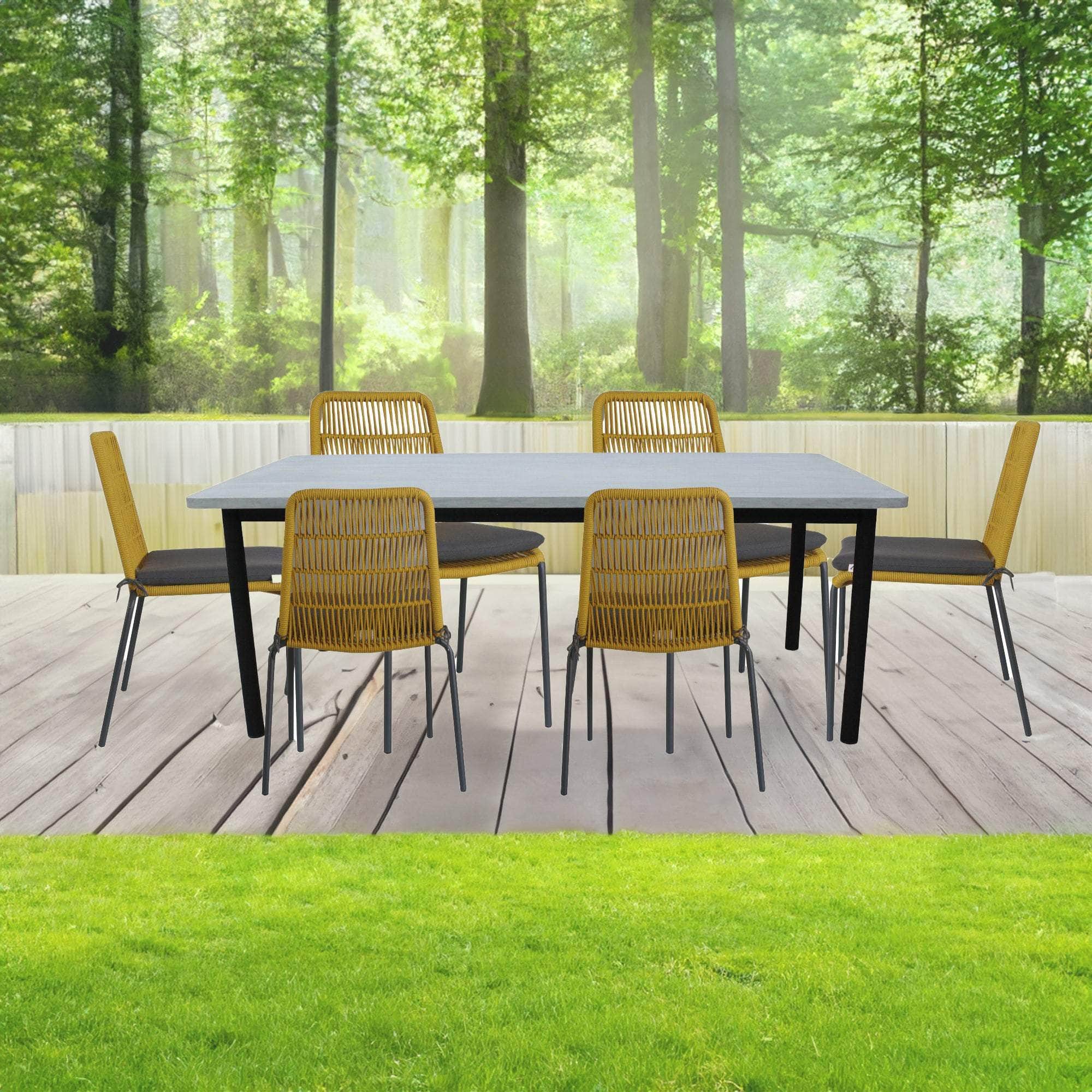 7Pc Set 180Cm Outdoor Dining Table 6 Chair Glass Concrete Top