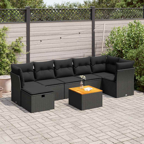 8 Pcs Garden Sofa Set with Cushions Black Poly Rattan - Sleek